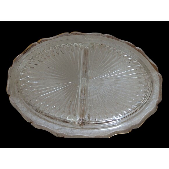 Vintage Oval Gold Rim Cut Glass Tray Candy Dish Divided Starburst Clear Comb Shp - Picture 4 of 5